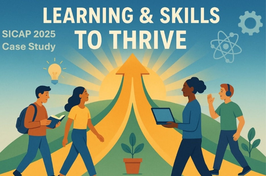 The image shows four people walking toward a bright sunrise along a golden path shaped like an upward arrow, symbolizing growth and progress. Each person carries learning tools like books and a laptop, representing education and skills development. Icons of ideas, science, and technology appear in the background, and the text reads “Learning & Skills to Thrive – SICAP 2025 Case Study.”